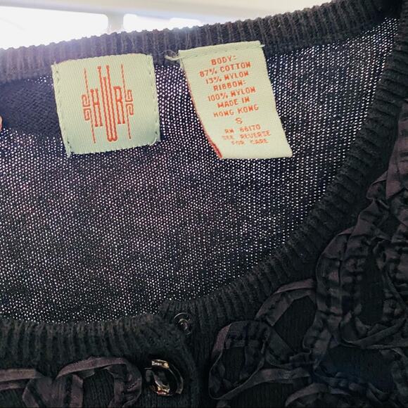 HWR MONOGRAM ANTHROPOLOGIE Black Ribbon Swirls Cardigan Button Crop Sweater S - Picture 7 of 8